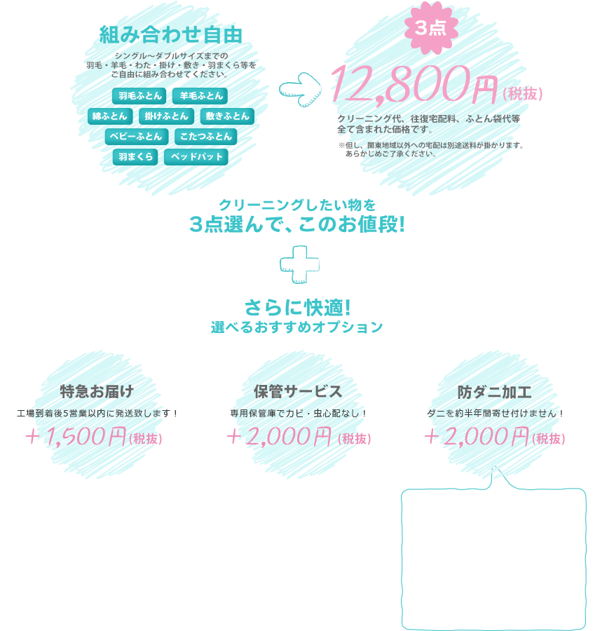 組み合わせ自由　3点10,500円 ＋ 各種オプション（＋2,100円）保管サービス／防ダニ加工／光触媒加工